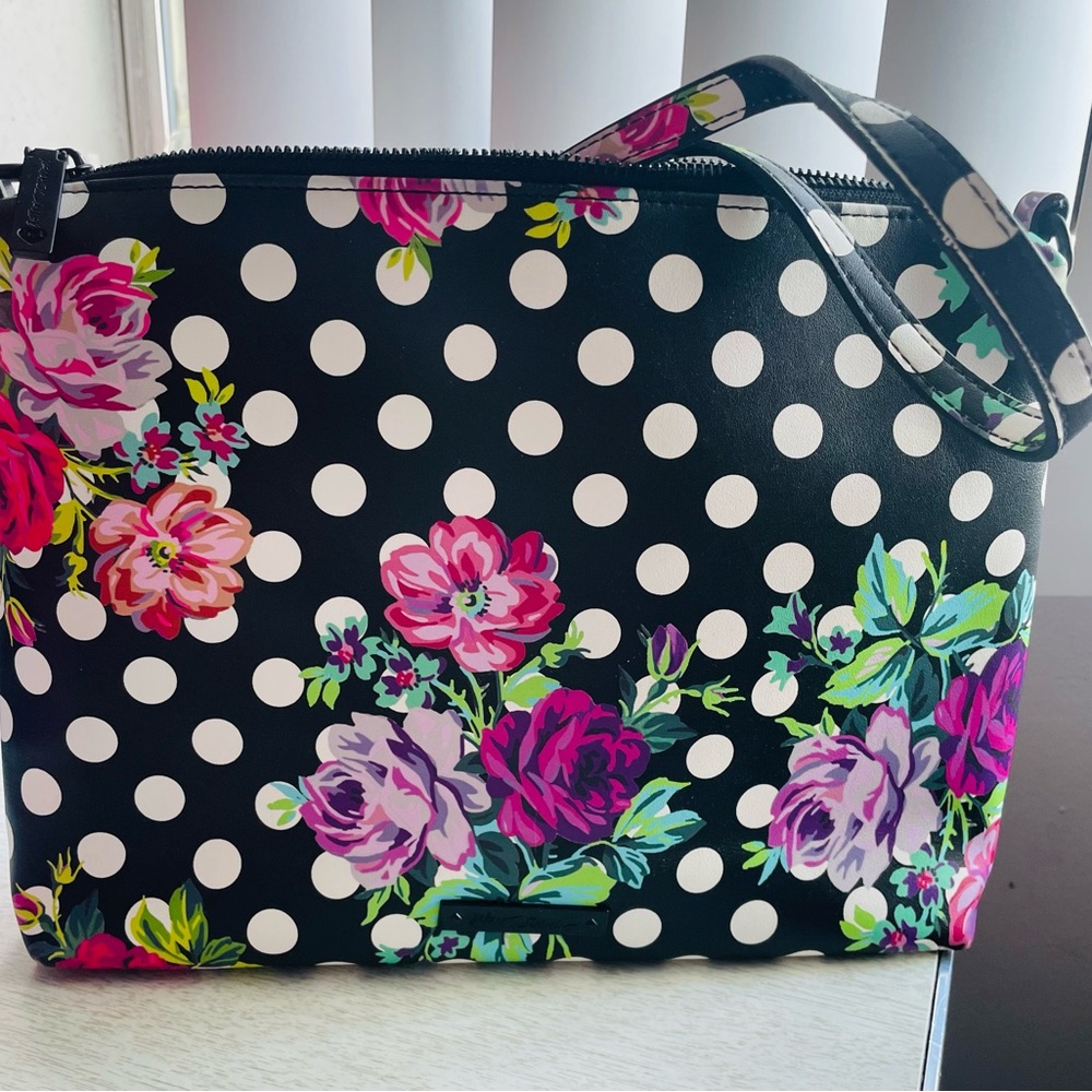 Betsey Johnson Black and Pink Floral Polka Dot Crossbody Bag
